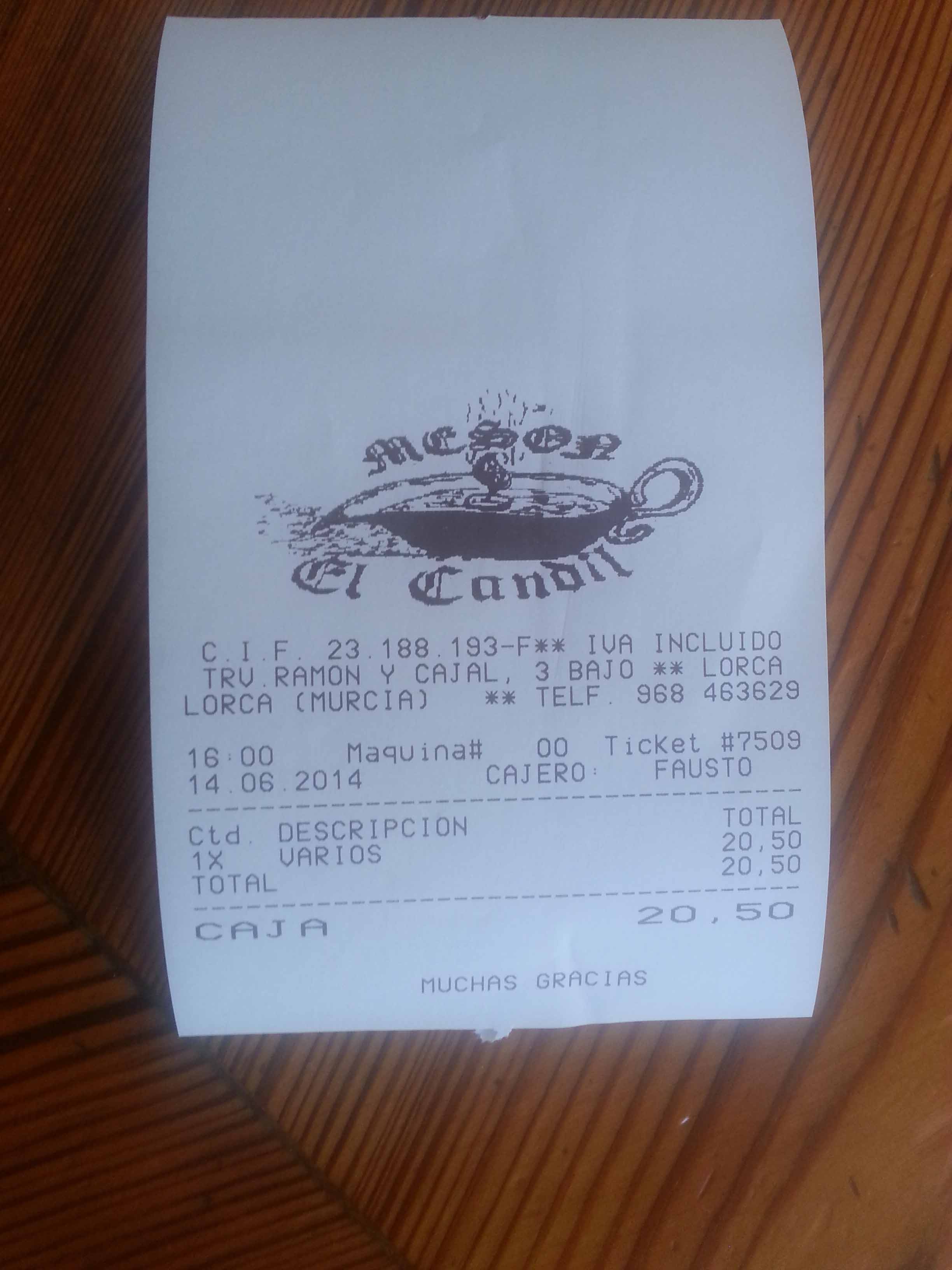 Ticket de El Candil en Lorca